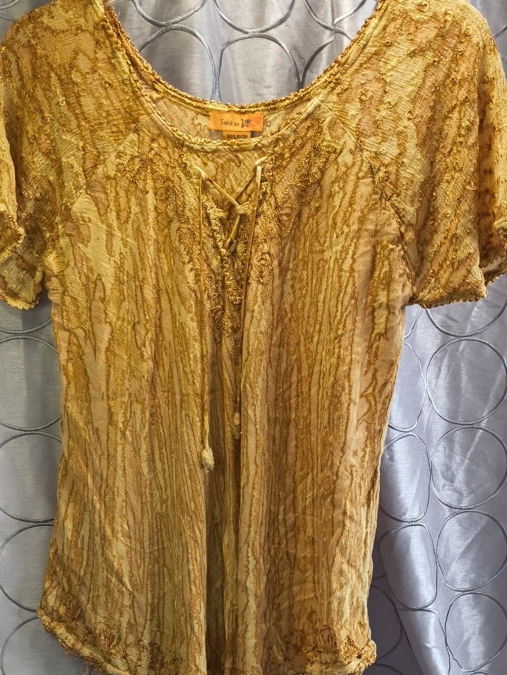 Sakkas Gold Lace-Up Textured Short Sleeve Top Free Size AF